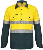 LIGHTWEIGHT HI VIS TWO TONE HALF PLACKET VENTED COTTON DRILL SHIRT WITH SEMI GUSSET SLEEVES AND CSR REFLECTIVE TAPE