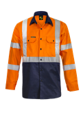 HI VIS TWO TONE FRONT LONG SLEEVE COTTON DRILL SHIRT WITH X PATTERN CSR REFLECTIVE TAPE